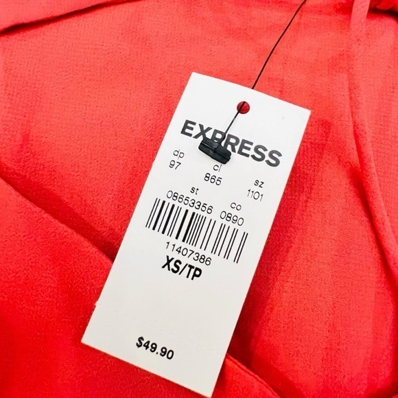 Express Orange Blouse V-Neck Chiffon Top XS Long Bell Sleeves Tie‎ Neckline NWT - Picture 7 of 15